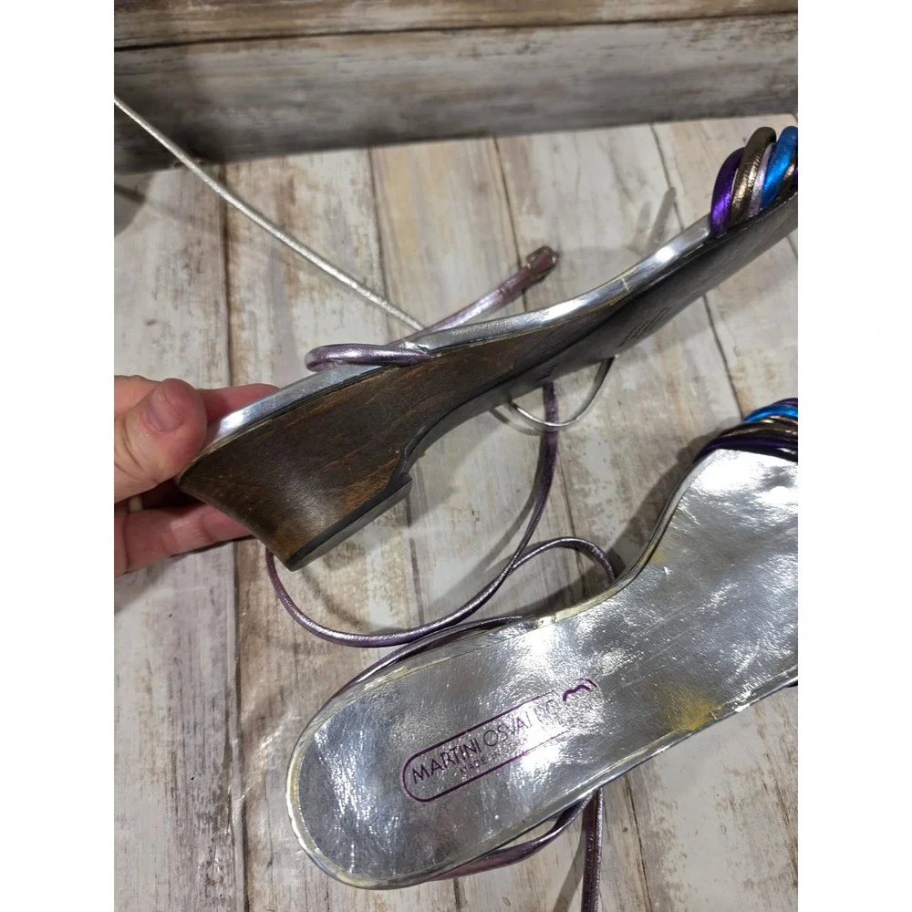 Martini Osvaldo Metallic Leather Wedge Sandals Lot 2 Pairs  7 7.5 Italy TLC READ